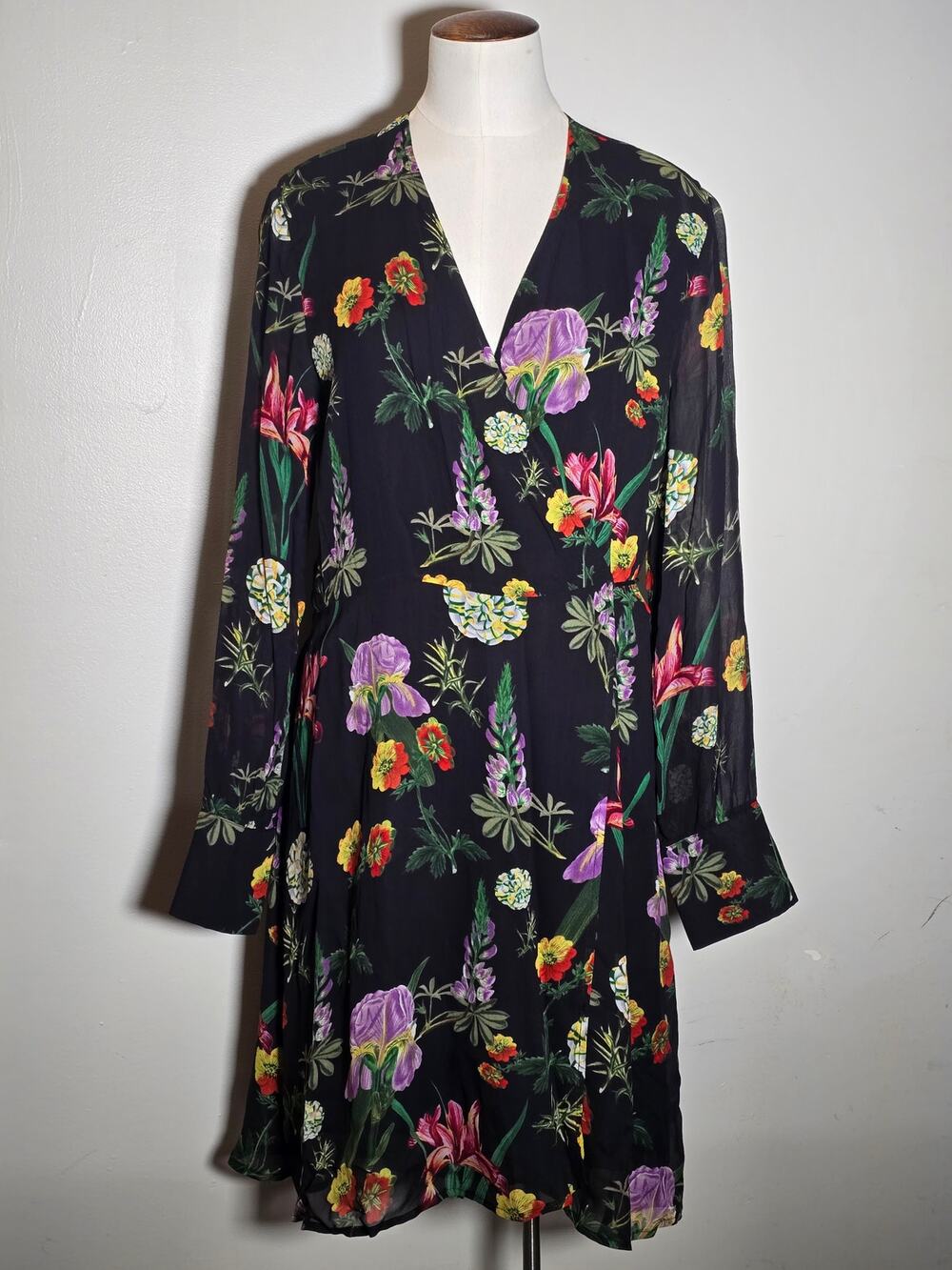Zara Woman Floral Wrap Dress Black Botanical Sheer Long Sleeve Viscose Large